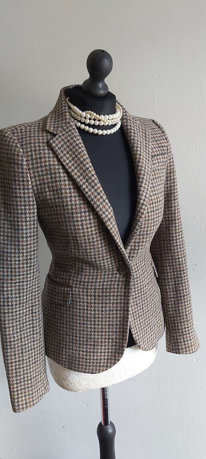 ZARA Ladies 100% Wool Tweed Elbow Patch Hacking Blazer Jacket SMALL