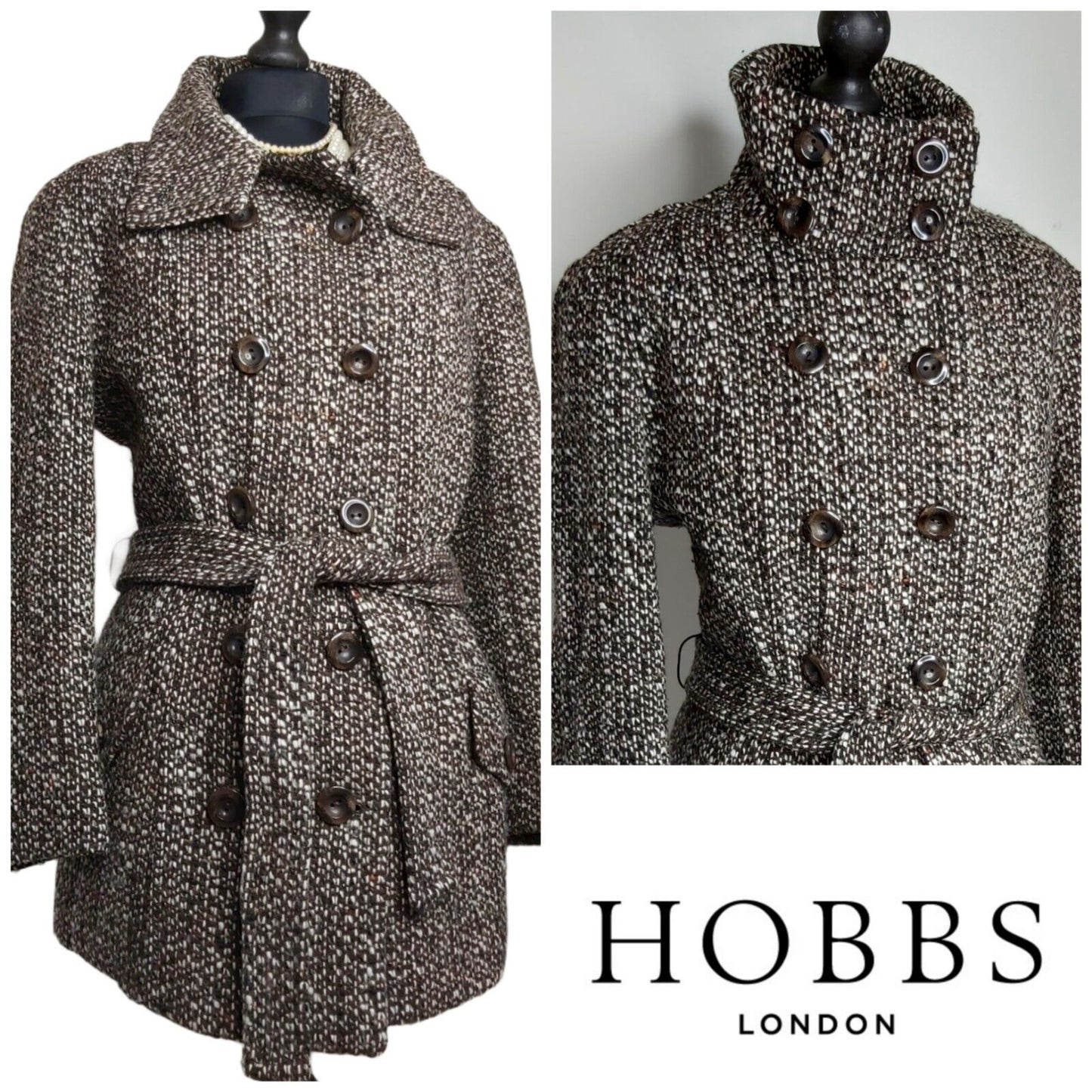 Hobbs Wool  Boucle Coat  Brown White Tweed Vintage UK Size 14