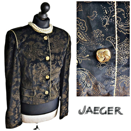 Ladies Jaeger Velvet Black Gold typestry Jacket UK Size 8