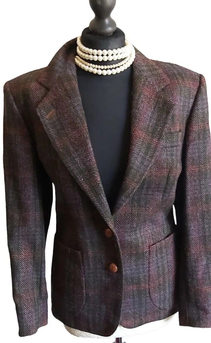 Ladies  DAKS wool Tweed check jacket blazer Elbow Patches Uk size 10