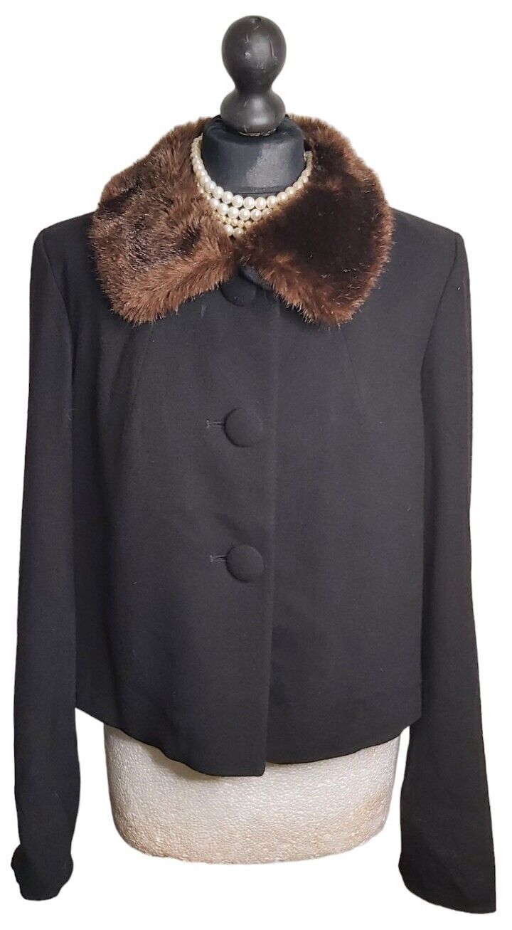 LK Bennett 100% Wool Black Jacket With Fur Collar Size 14