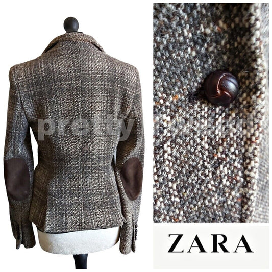 Zara Tweed Jacket Womens  Brown Wool Country Hacking Blazer Size S