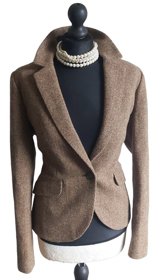 JOULES Ladies  100% WOOL Brown Tweed Herringbone  Jacket Blazer Size 12 VGC