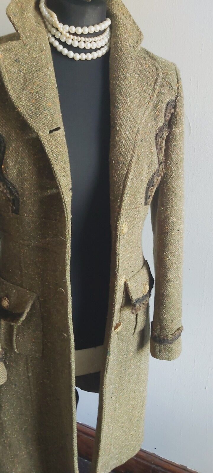 Tara Jarmon Green Wool Tweed Silk Tweed  Classic Long Coat 10