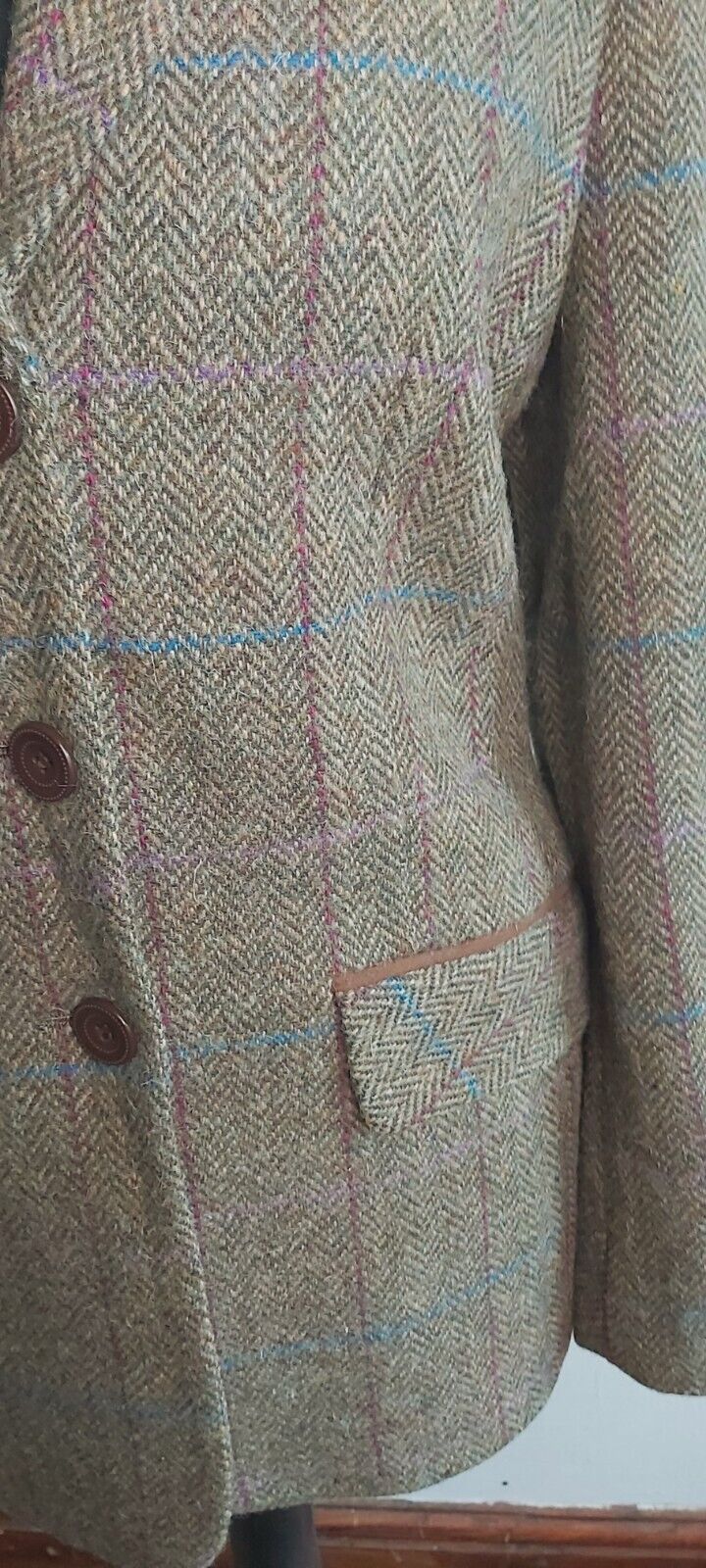 Ladies  Harris Tweed 100% Wool Khaki Jacket Elbow Patches UK Size 12