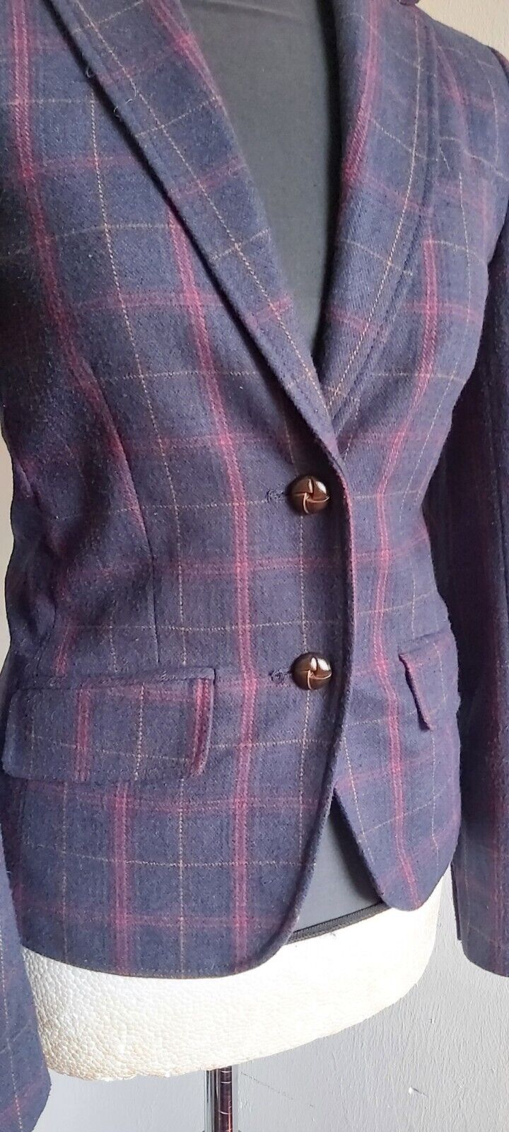 Ladies H&M Tweed Check Navy Jacket With Elbow Patches Size 8