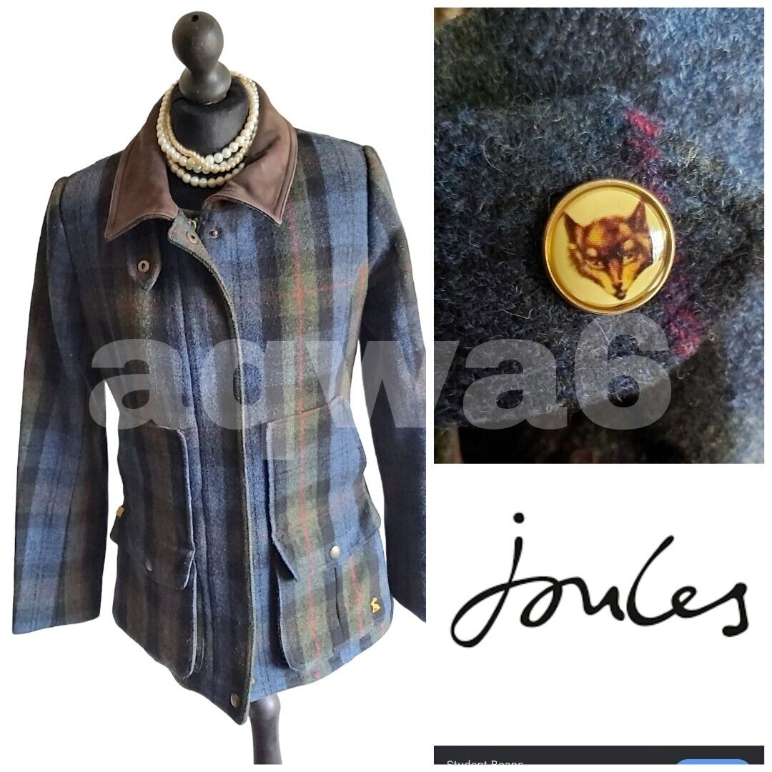 Joules Ladies Jacket Field Coat UK 12 Blue Check Wool  VGC