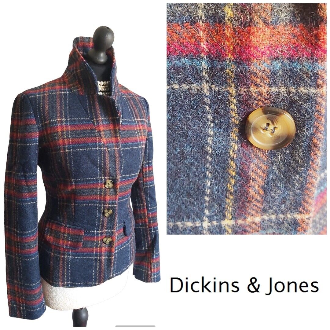 Ladies Dickins & Jones Red blue check  100% tweed wool jacket size 10