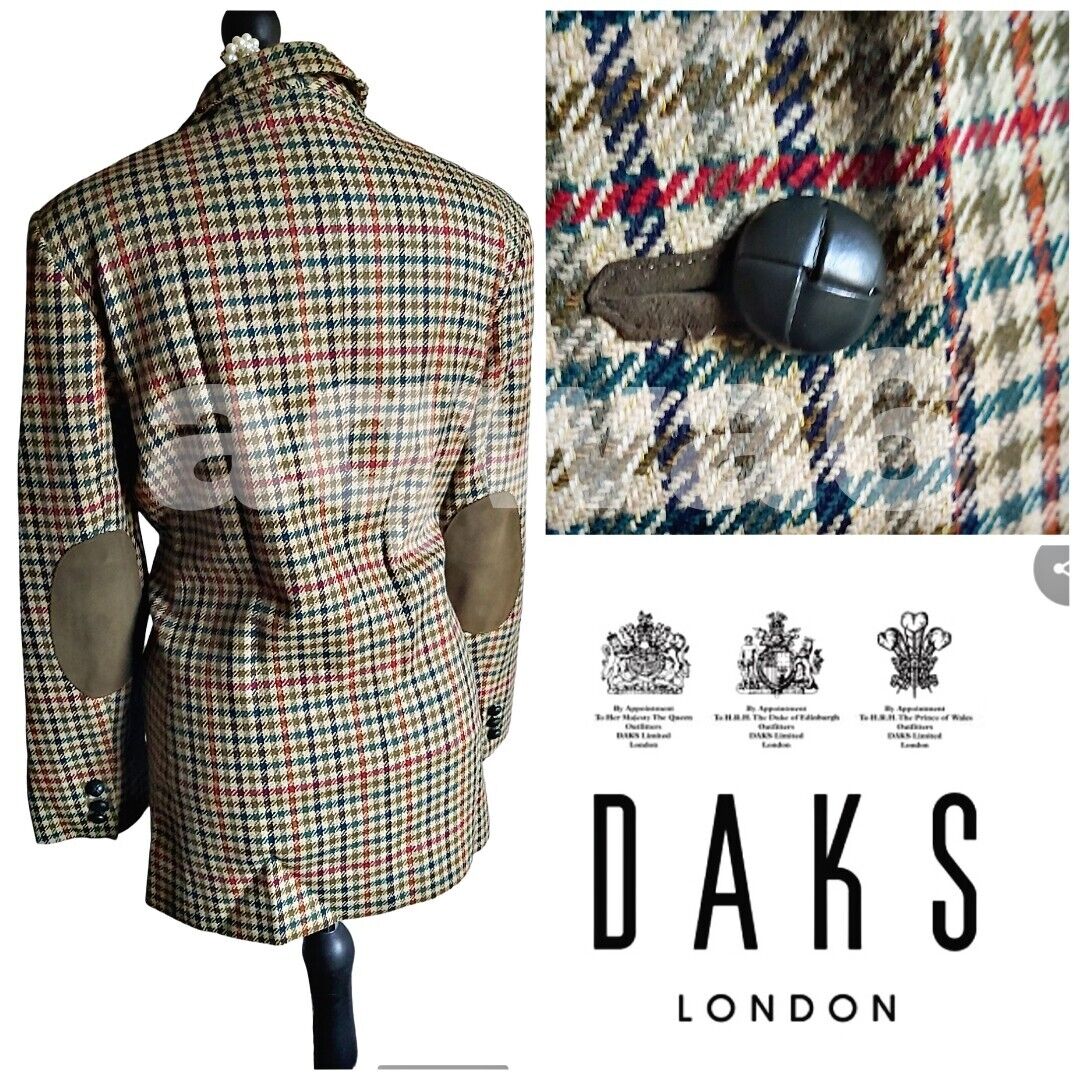 Ladies DAKS wool check tweed jacket blazer Elbow Patches size 16