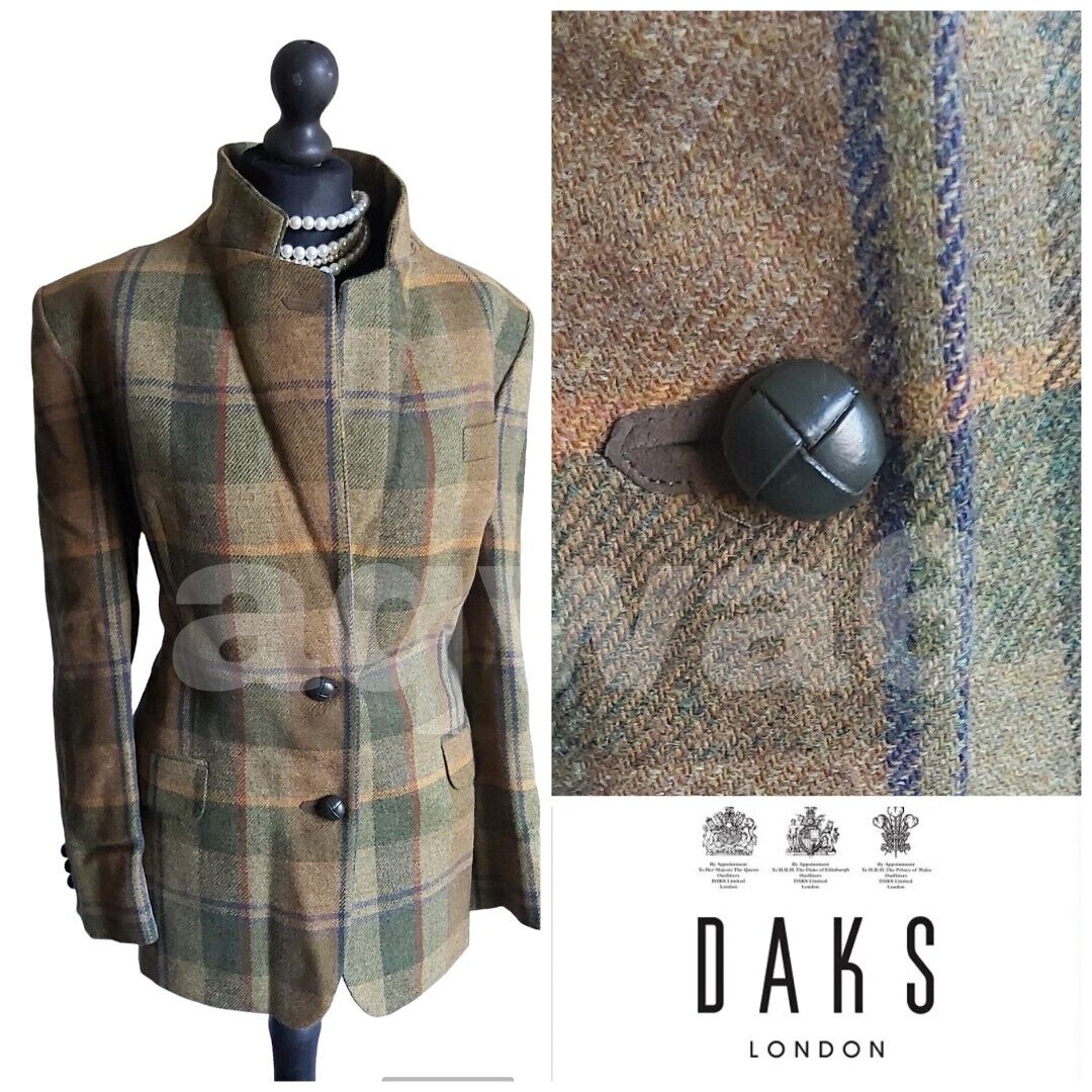 Ladies  DAKS 100% wool Fitted Khaki Check Tweed  jacket blazer  size 16