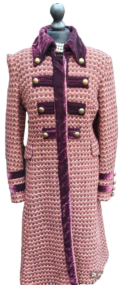 Stunning Karen Military  Tweed Check Wool Boucle Long Coat UK Size 10