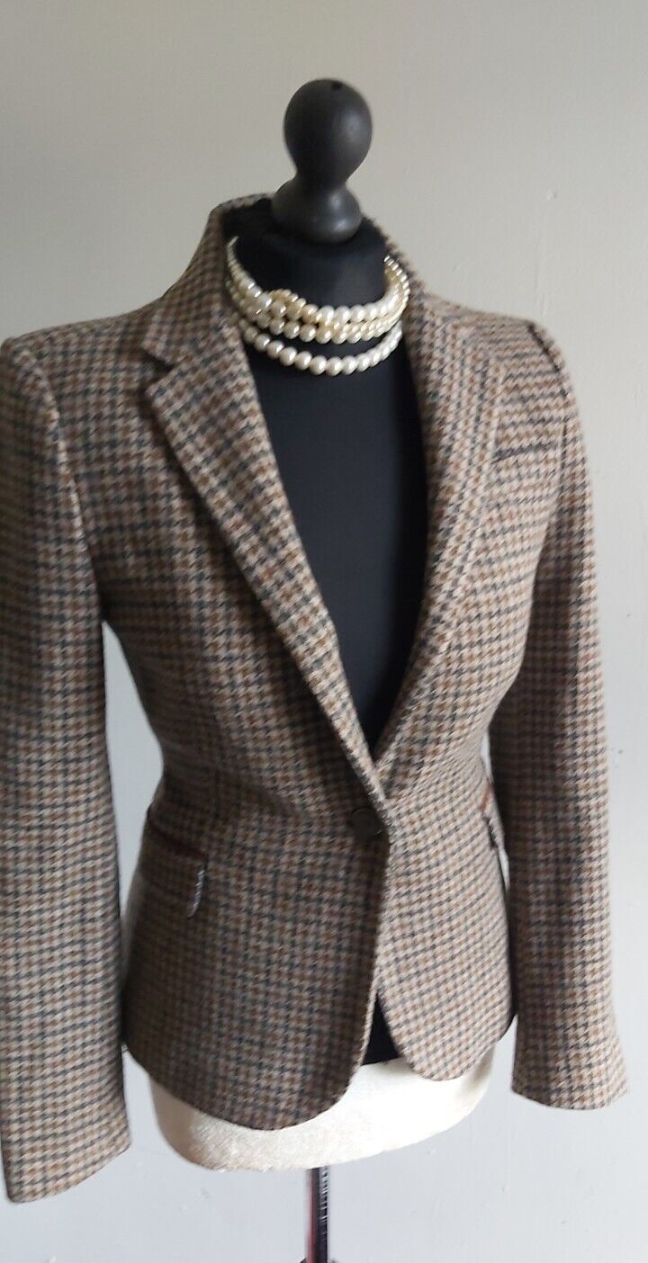 ZARA Ladies 100% Wool Tweed Elbow Patch Hacking Blazer Jacket SMALL