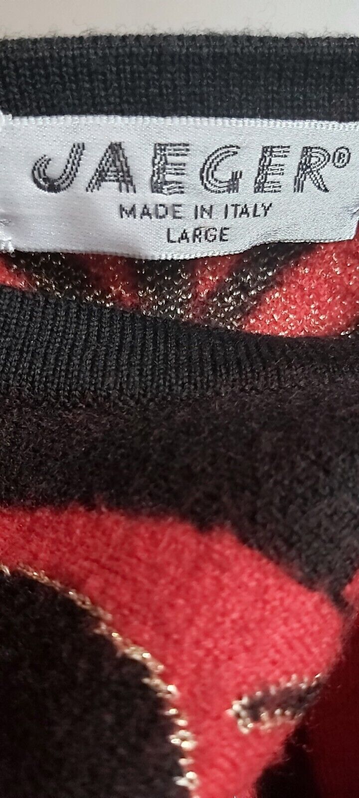 Ladies Jeager Red Black Wool Blend ream knitted patterned Jumper Size S/M