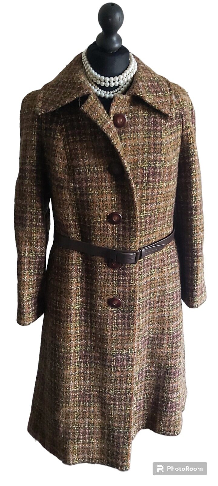 Vintage Womens Tweed Wool Long Coat With Belt UK Size 10