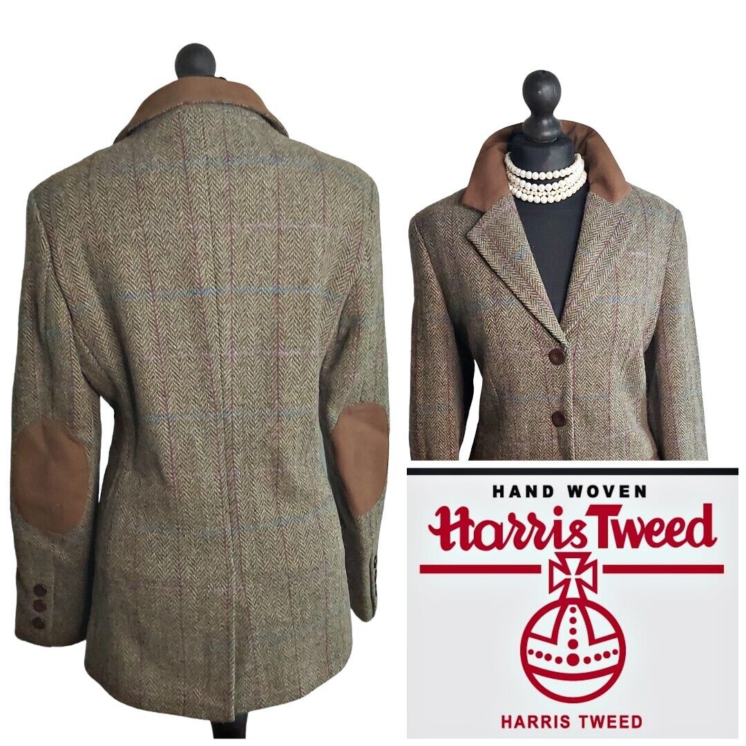 Ladies  Harris Tweed 100% Wool Khaki Jacket Elbow Patches UK Size 12