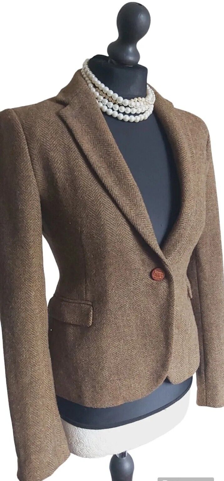 Womens Zara 100% Wool Tweed Jacket Elbow Patches Blazer UK Size S