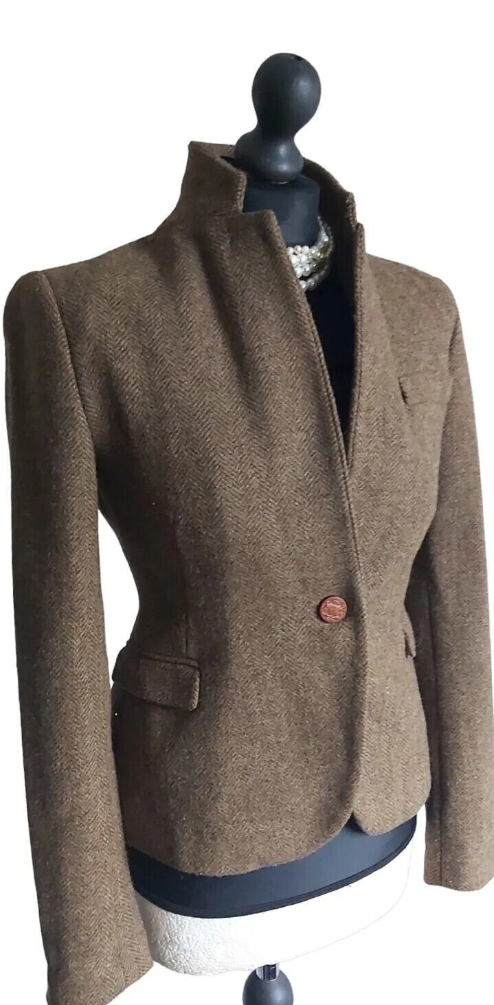 Womens Zara 100% Wool Tweed Jacket Elbow Patches Blazer UK Size S