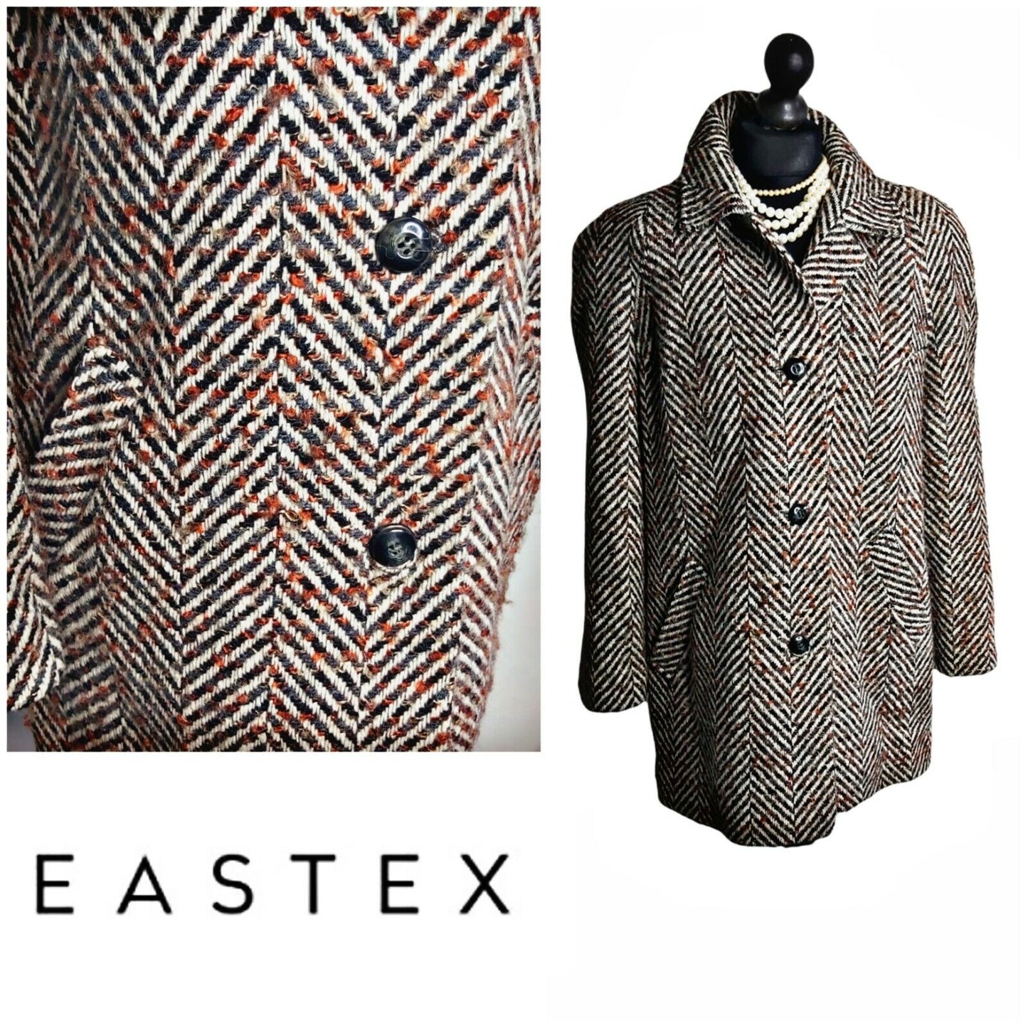 Vintage Eastex Wool Tweed Harringbone Over Coat UK SIZE 12