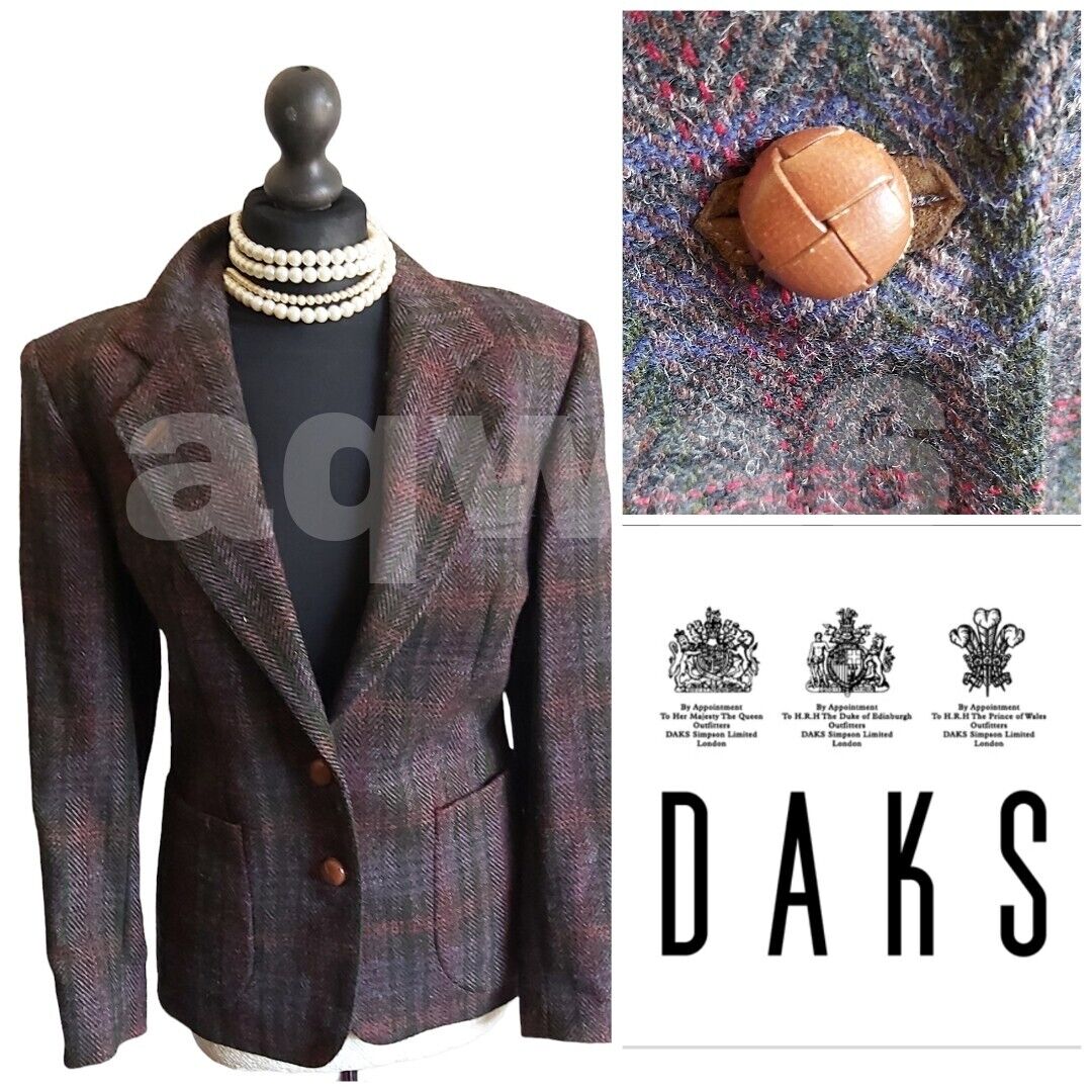 Ladies  DAKS wool Tweed check jacket blazer Elbow Patches Uk size 10