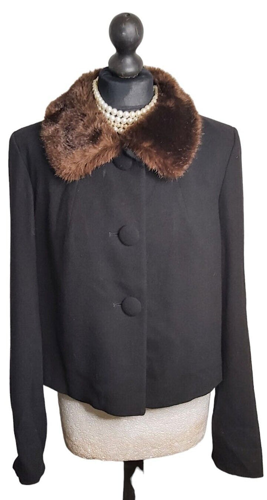 LK Bennett 100% Wool Black Jacket With Fur Collar Size 14