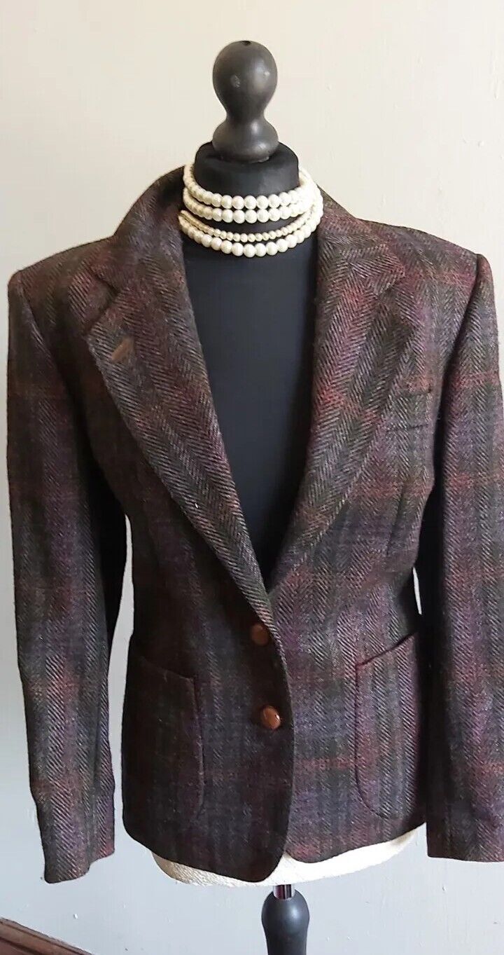 Ladies  DAKS wool Tweed check jacket blazer Elbow Patches Uk size 10