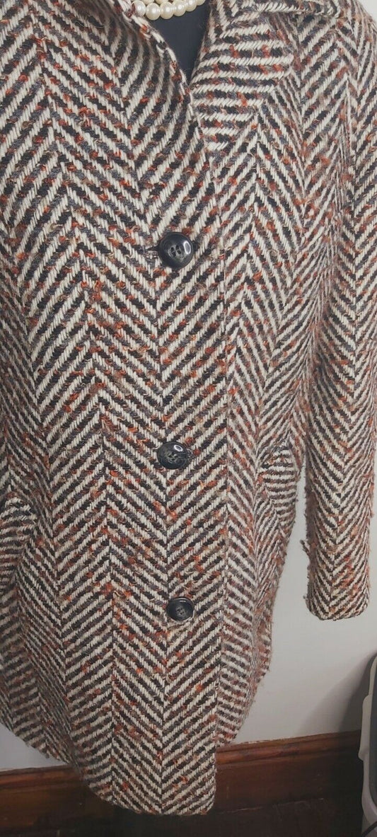 Vintage Eastex Wool Tweed Harringbone Over Coat UK SIZE 12