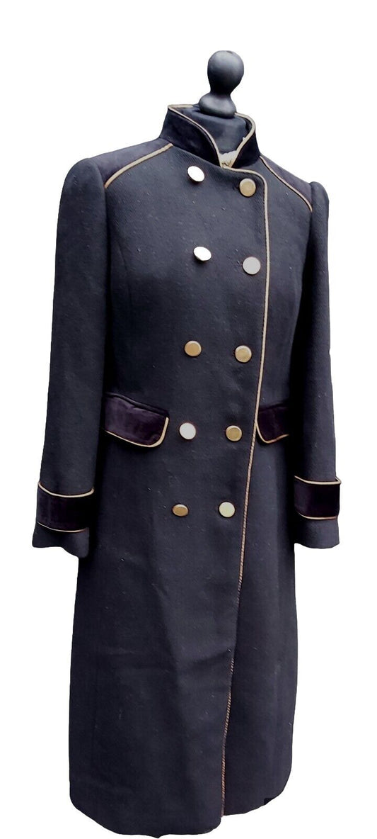 Monsoon  Maddie Black Military Double Breasted Long Wool Blend Coat UK 13