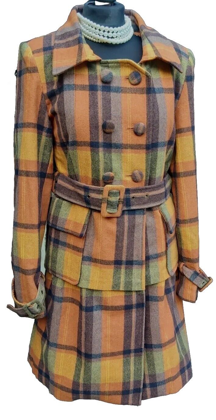 Ladies VINTAGE Lee Copper 100% Double Breasted WOOL Check Belt COAT JACKET UK 12