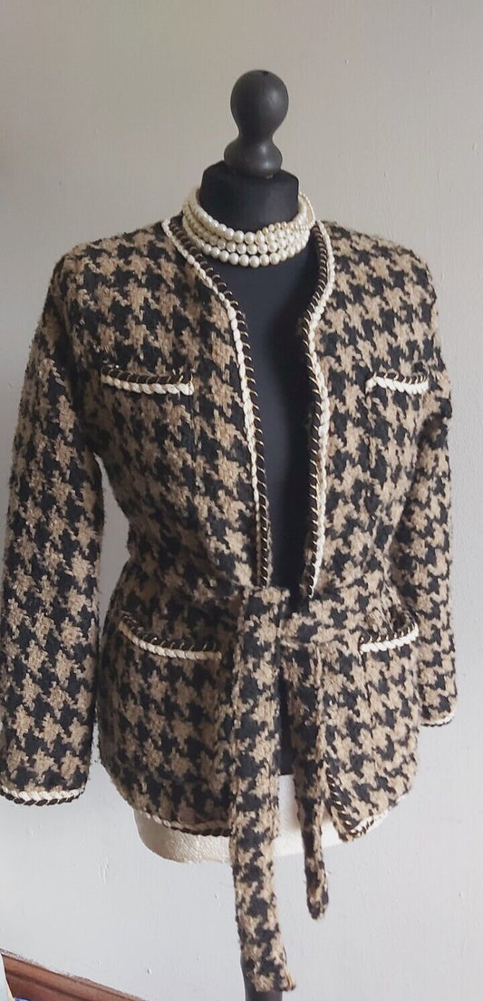 BROWN HOUNDSTOOTH LADIES TWEED Wrap COAT SIZE S