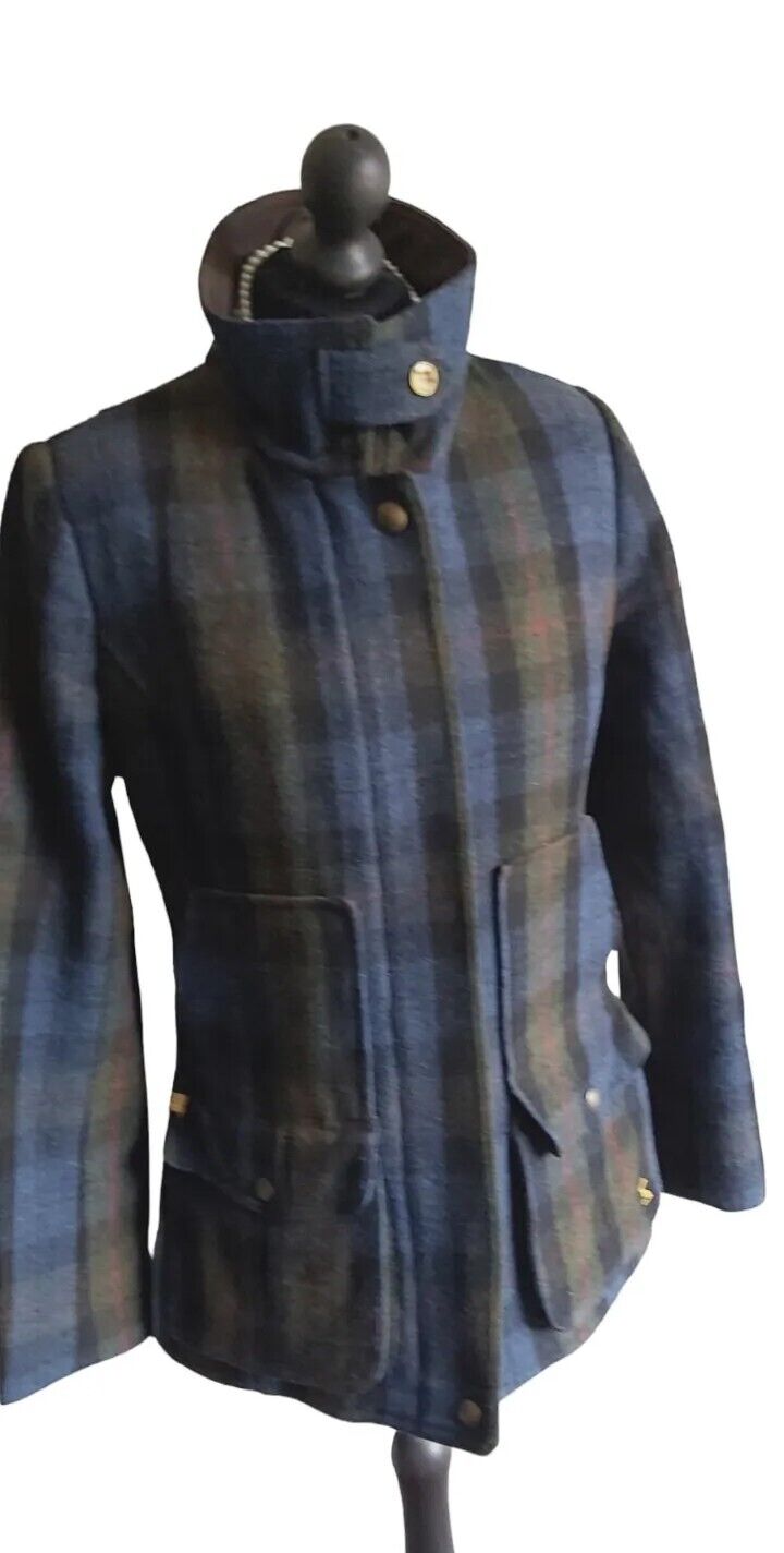 Joules Ladies Jacket Field Coat UK 12 Blue Check Wool  VGC