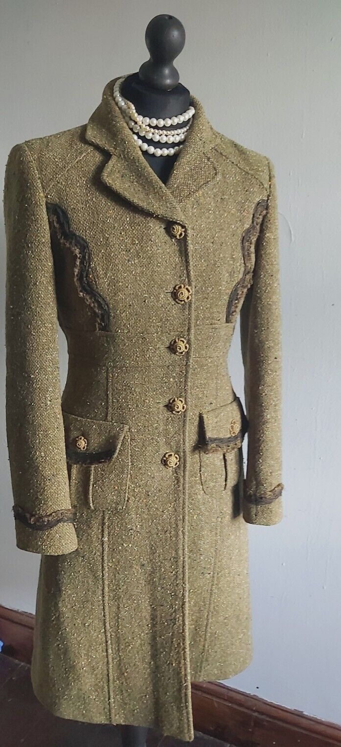 Tara Jarmon Green Wool Tweed Silk Tweed  Classic Long Coat 10