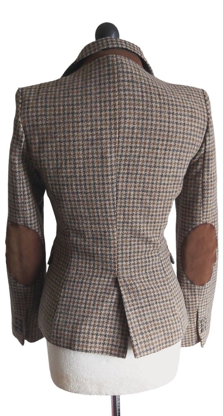 ZARA Ladies 100% Wool Tweed Elbow Patch Hacking Blazer Jacket SMALL