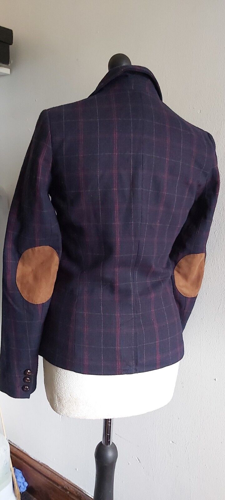 Ladies H&M Tweed Check Navy Jacket With Elbow Patches Size 8