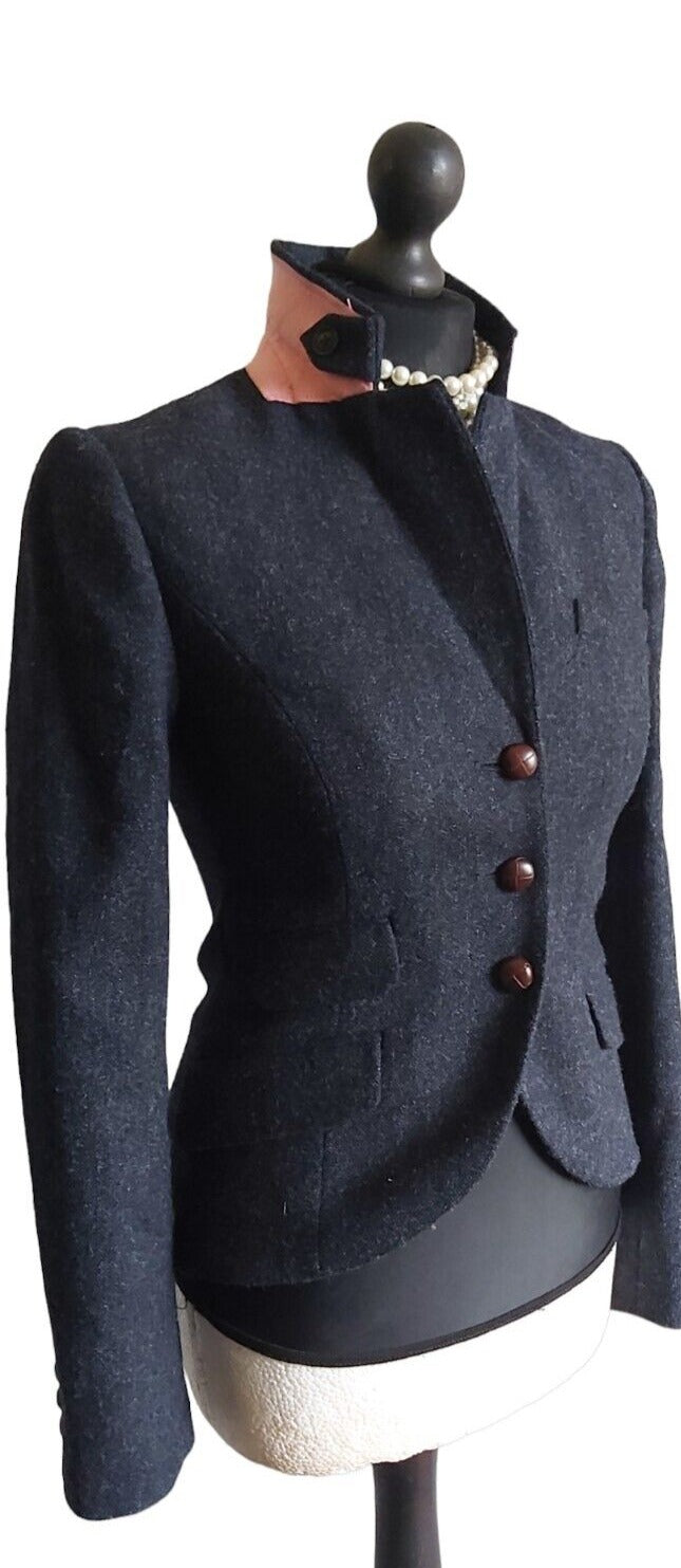 Jack Wills 100% Wool Navy Blue Herringbone Hacking Tweed Wool Jacket - Size 8