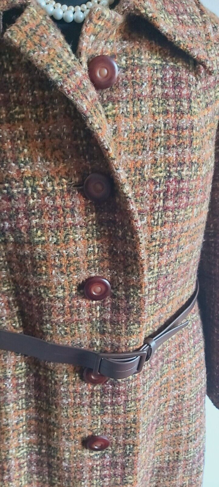 Vintage Womens Tweed Wool Long Coat With Belt UK Size 10