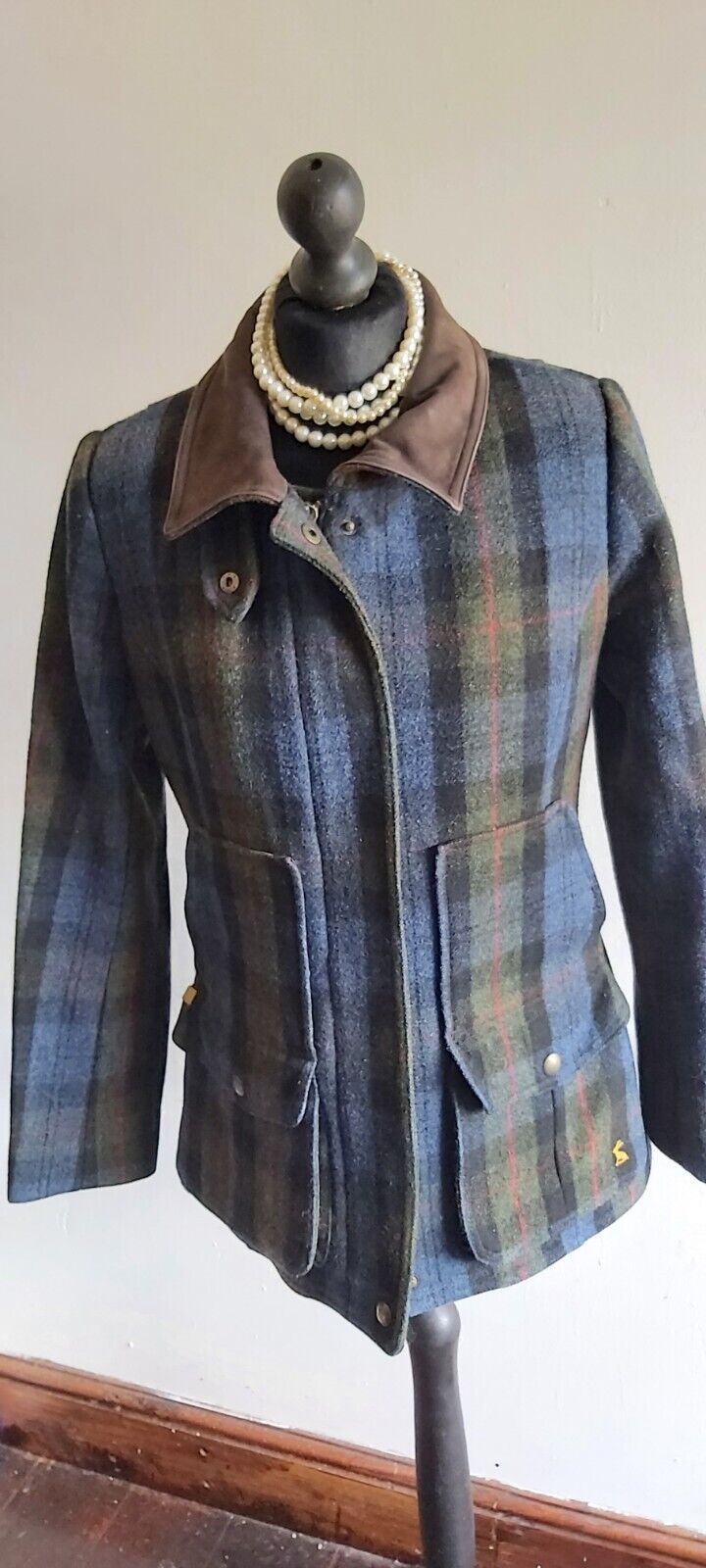 Joules Ladies Jacket Field Coat UK 12 Blue Check Wool  VGC