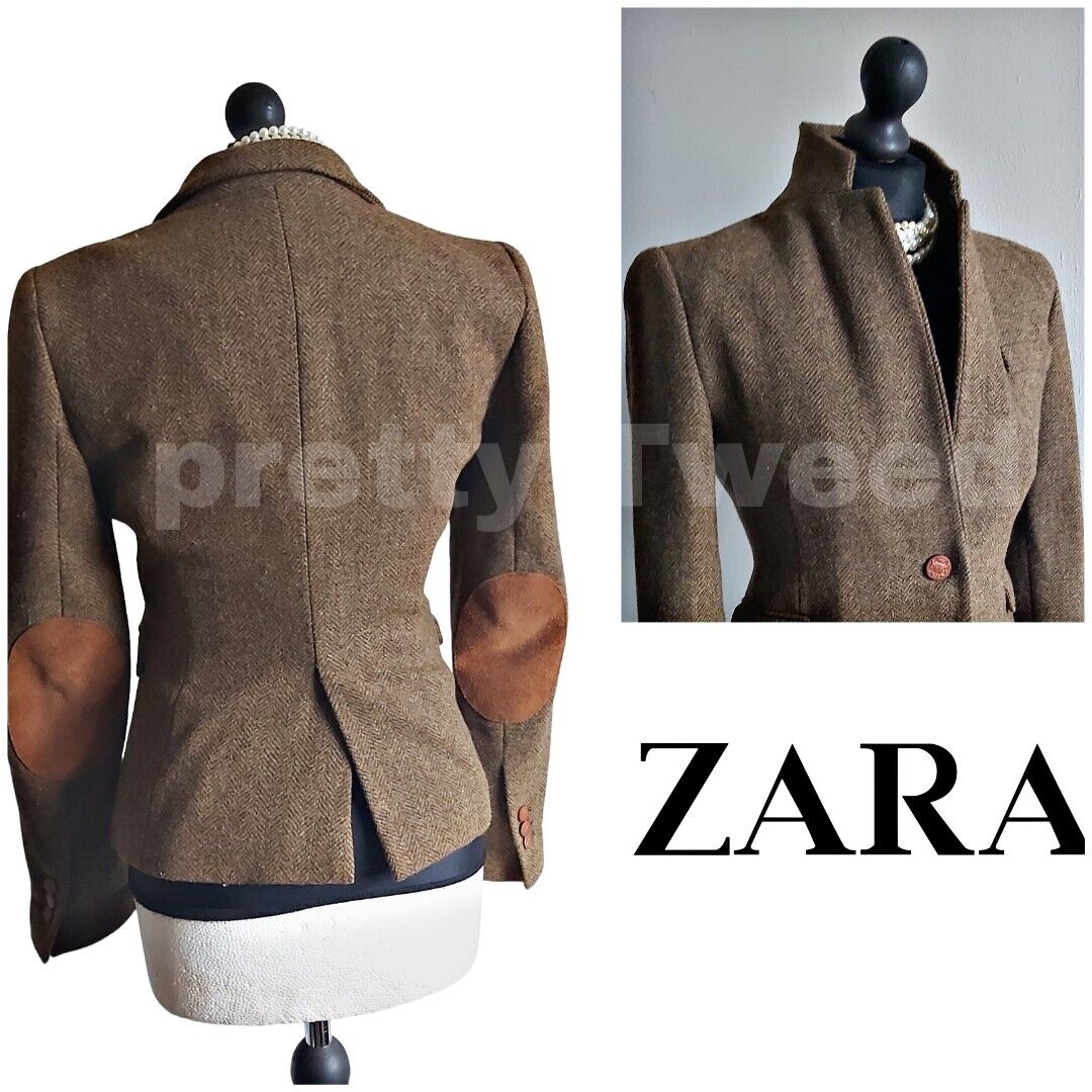 Womens Zara 100% Wool Tweed Jacket Elbow Patches Blazer UK Size S