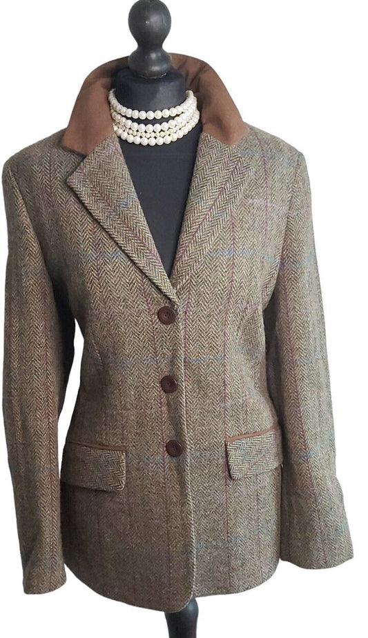 Ladies  Harris Tweed 100% Wool Khaki Jacket Elbow Patches UK Size 12