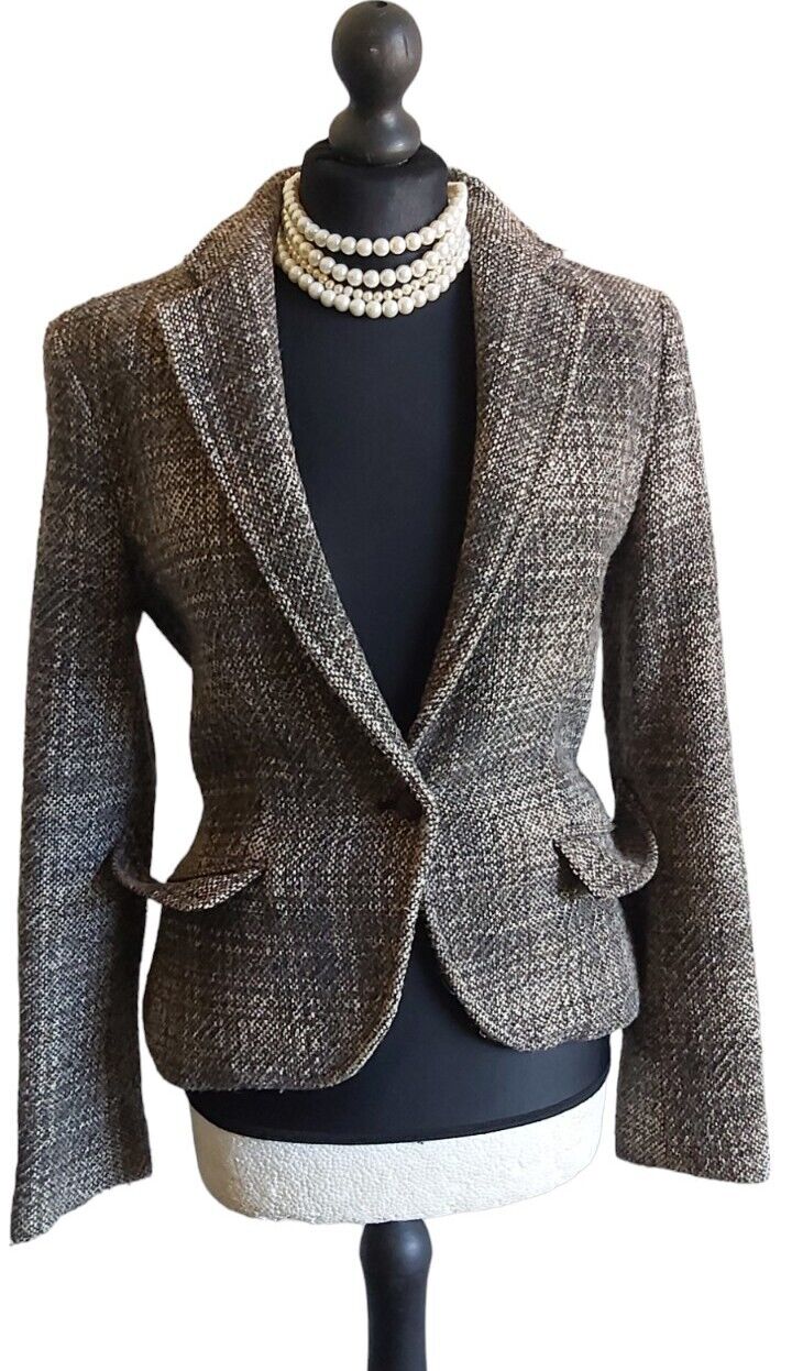 Zara Tweed Jacket Womens  Brown Wool Country Hacking Blazer Size S