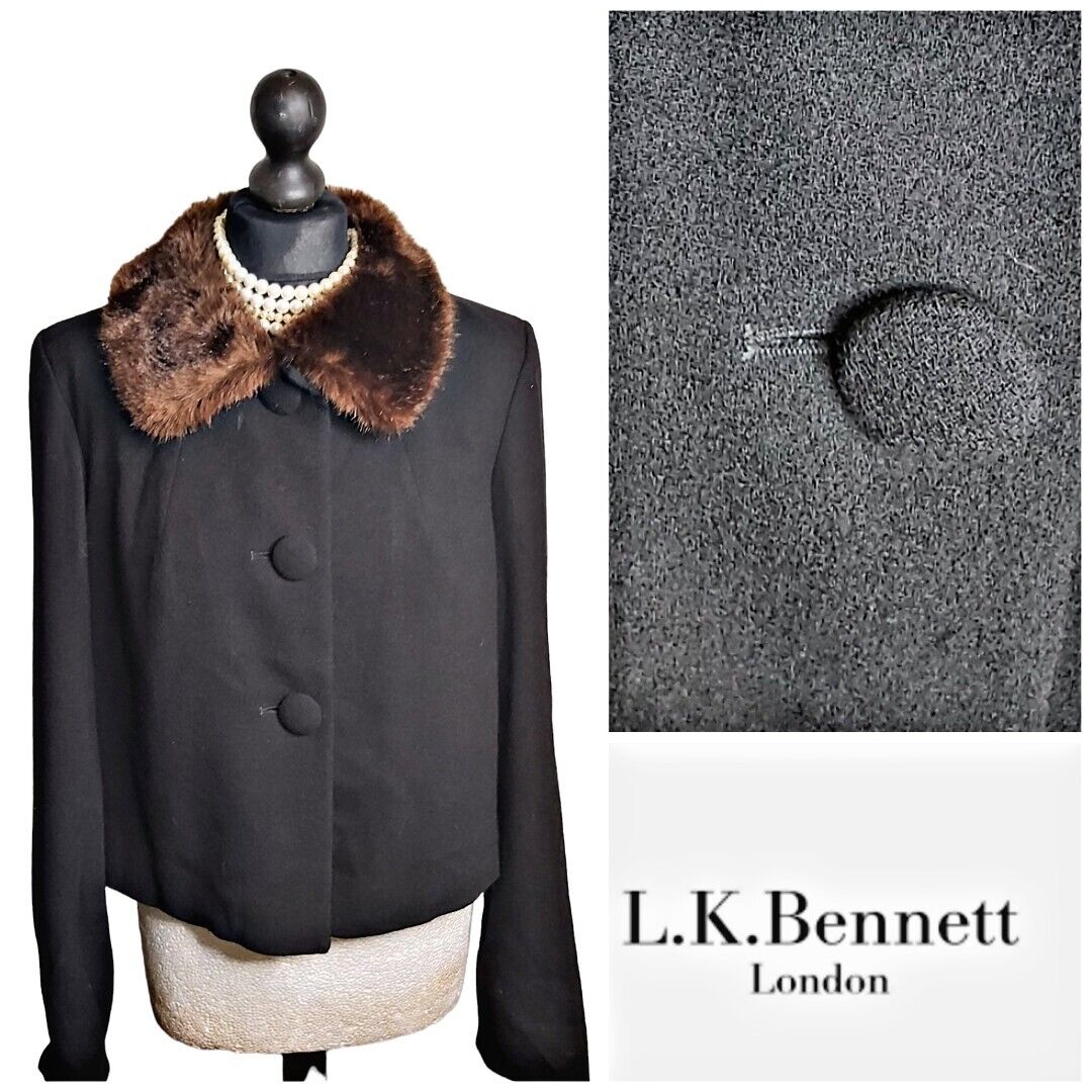 LK Bennett 100% Wool Black Jacket With Fur Collar Size 14