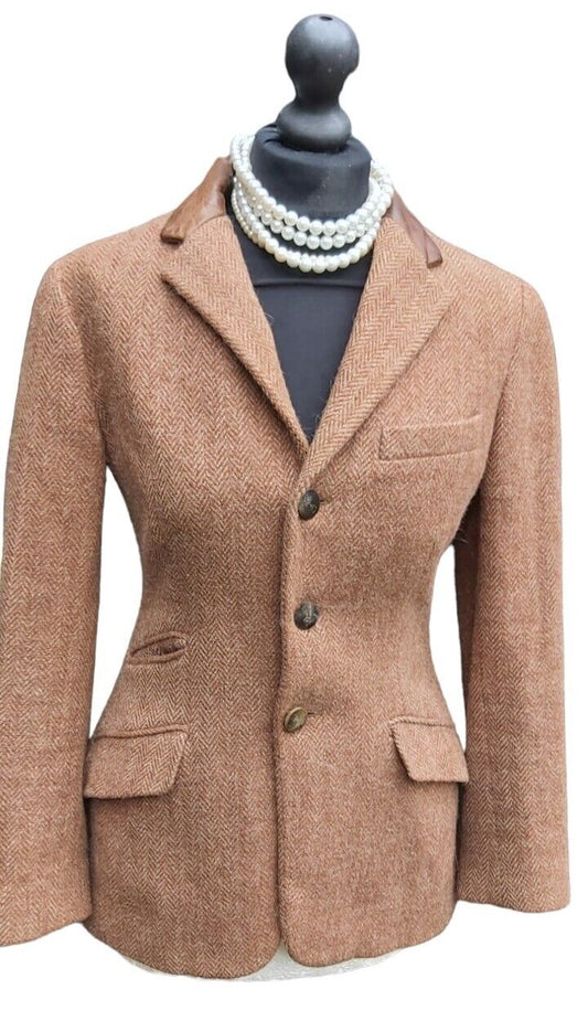 Ladies Ralph Lauren Wool Leather Collar Tweed Jacket / Blazer Size UK 10