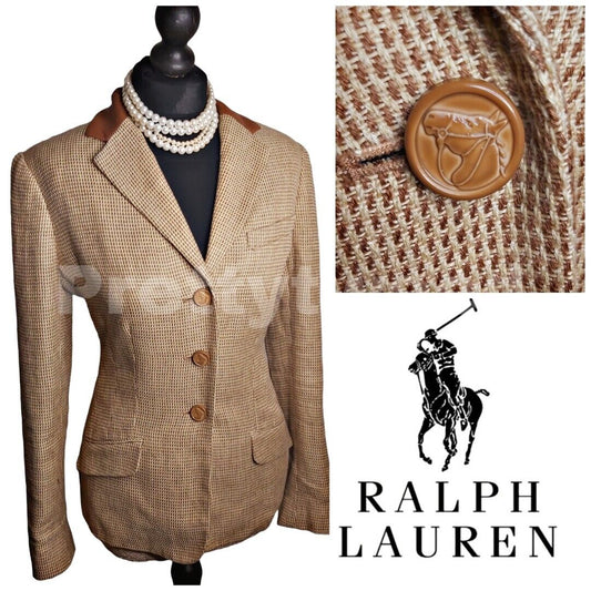 Ladies Ralph Lauren 100% Linen Tweed Leather Elbow Patches Camel  UK Size 8