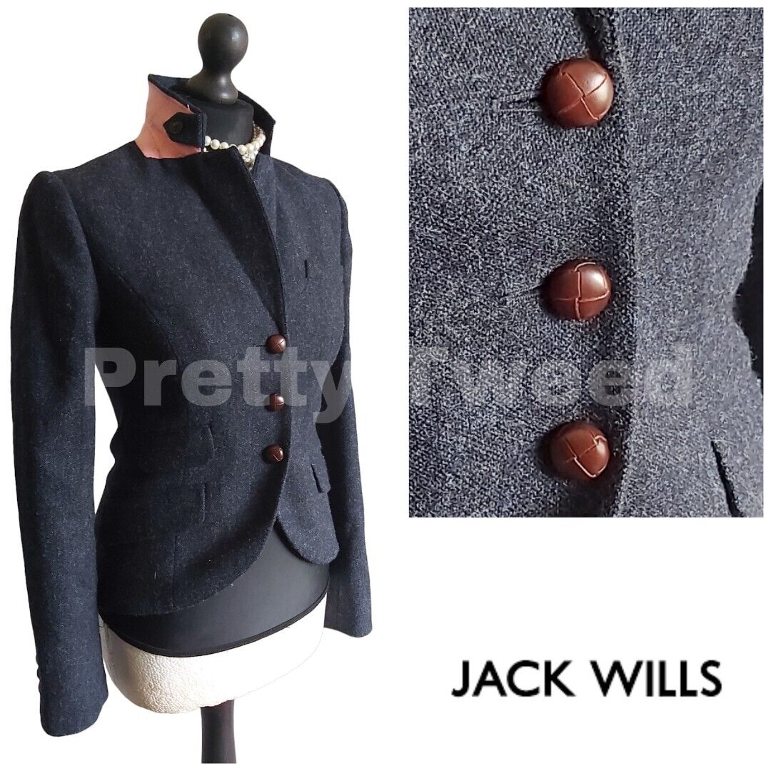 Jack Wills 100% Wool Navy Blue Herringbone Hacking Tweed Wool Jacket - Size 8