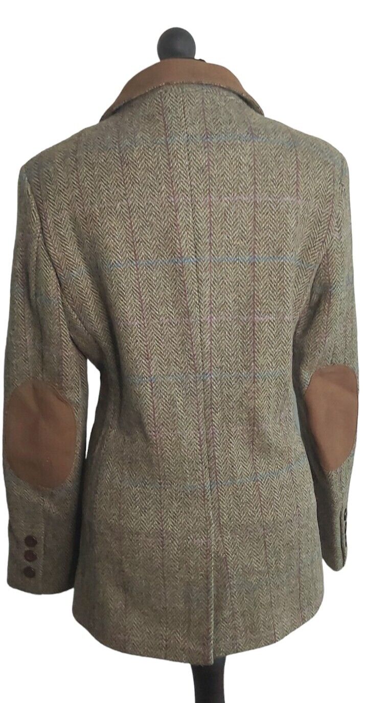 Ladies  Harris Tweed 100% Wool Khaki Jacket Elbow Patches UK Size 12