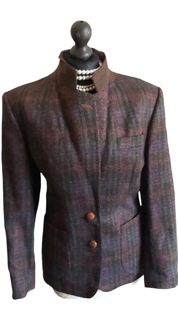 Ladies  DAKS wool Tweed check jacket blazer Elbow Patches Uk size 10