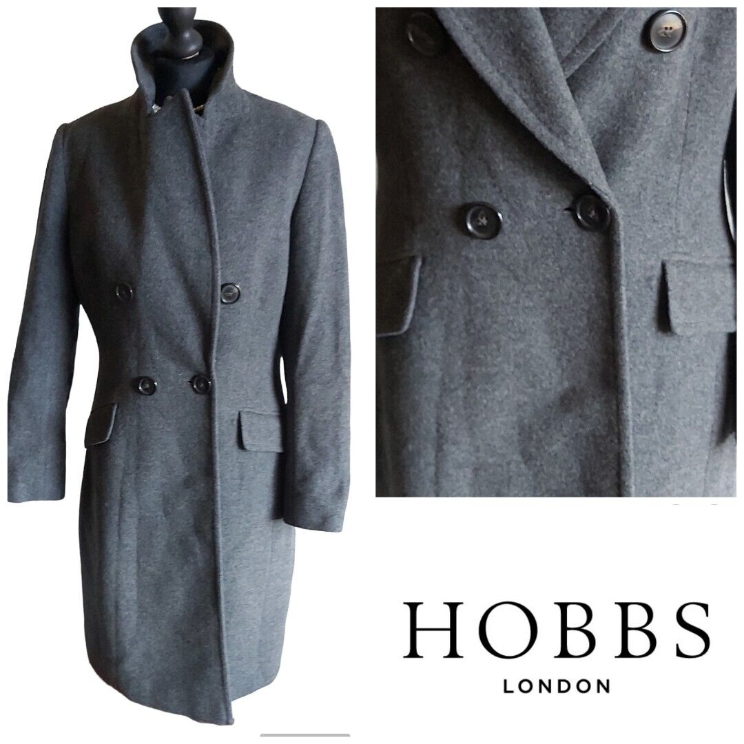 Hobbs Grey Double Breasted Wool Cashmere  Long  Coat 10/12