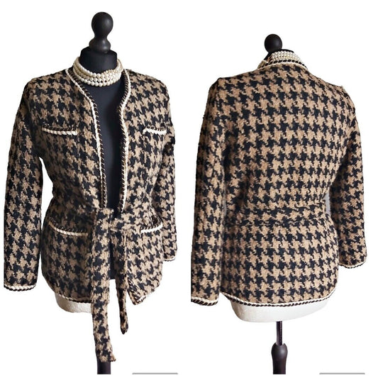 BROWN HOUNDSTOOTH LADIES TWEED Wrap COAT SIZE S