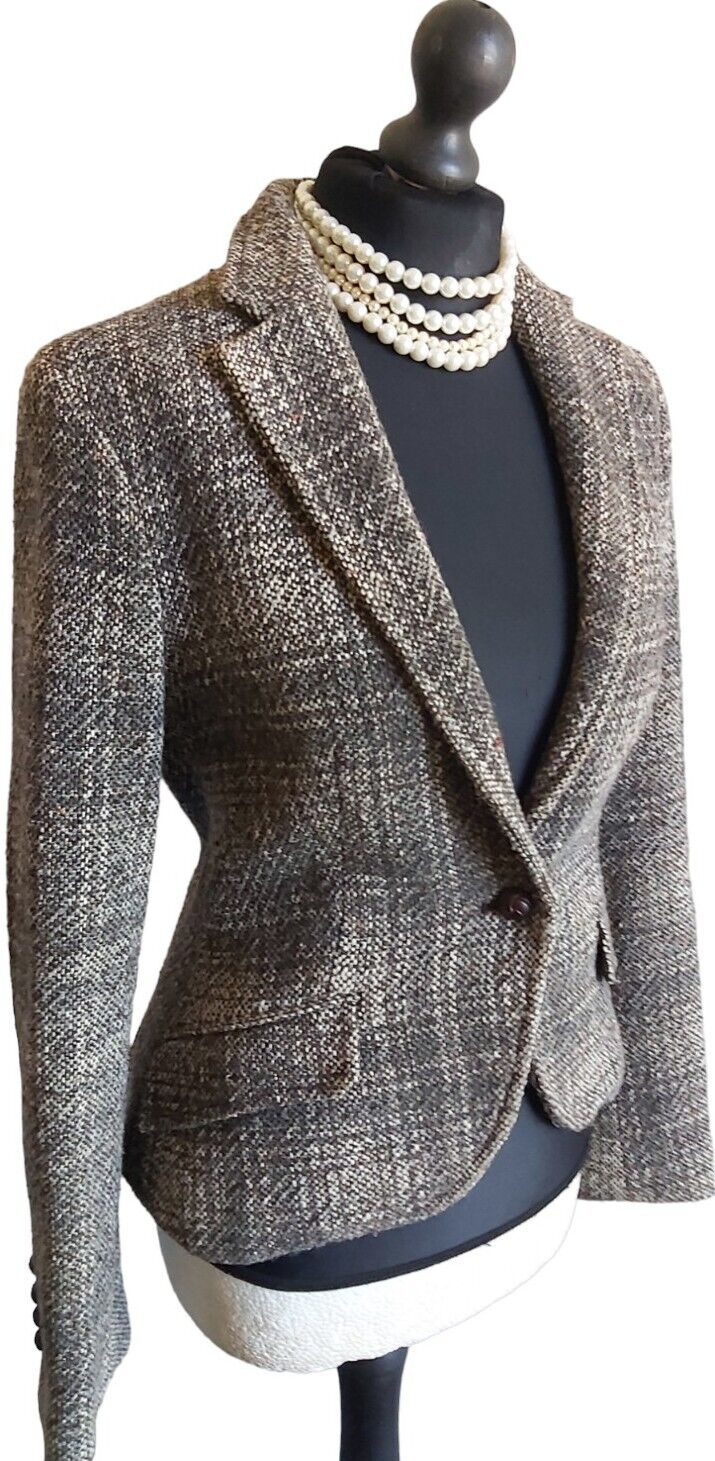 Zara Tweed Jacket Womens  Brown Wool Country Hacking Blazer Size S