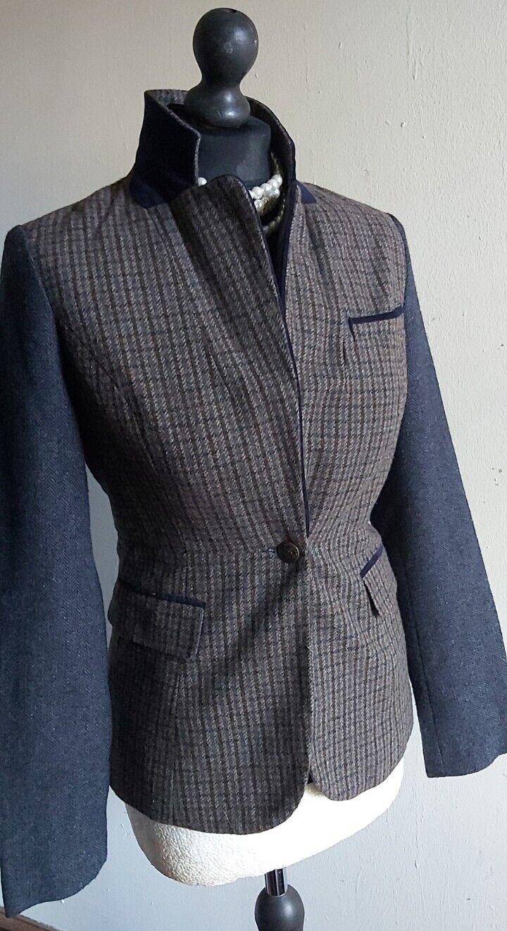 Falmer Heritage Tweed Wool Navy/Grey Jacket Elbow Patches Size 8