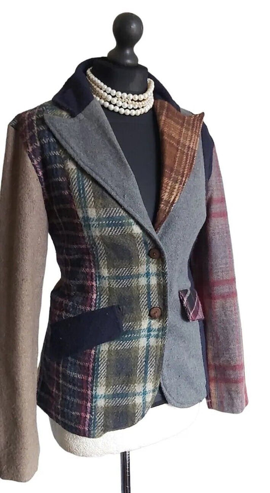 Ladies Tweed MULTI patch 100% Wool Jacket Blazer Size S/M